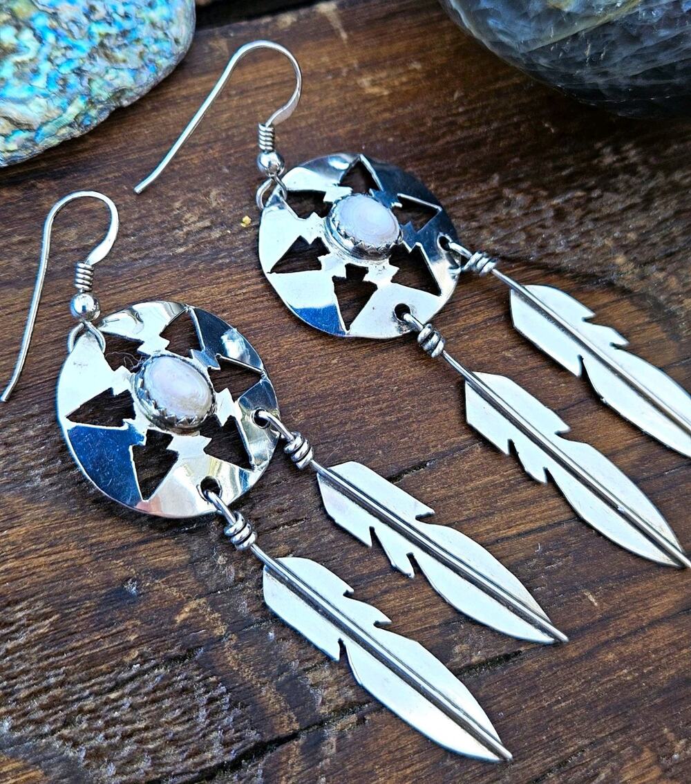 Southwestern Sterling Silver Feather Dangle Earrings Arrow Cutout Boho Western